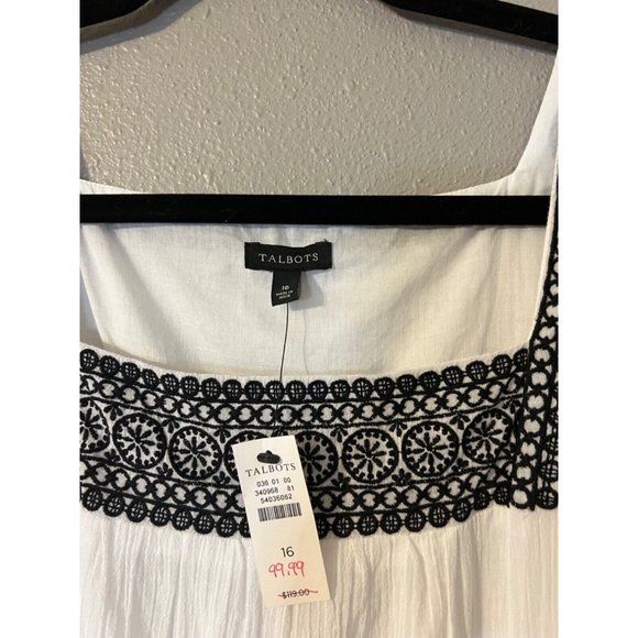 Talbots Dress 16 White Gauze Cotton Flowy Embroidered Black NWT Washable $119 - Picture 11 of 13
